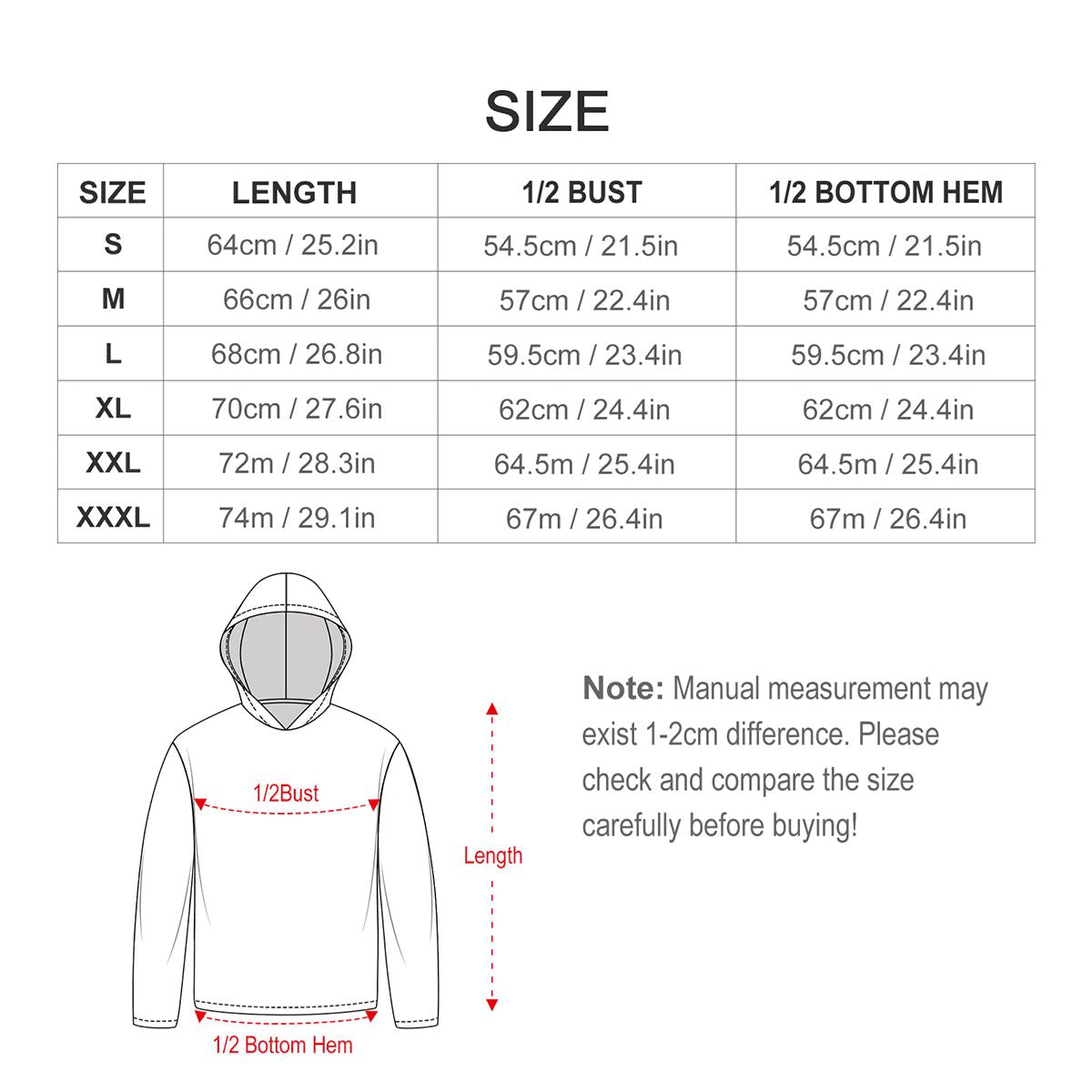 Size chart for men's polyester spandex hoodie showing measurements for S, M, L, XL, XXL, XXXL.