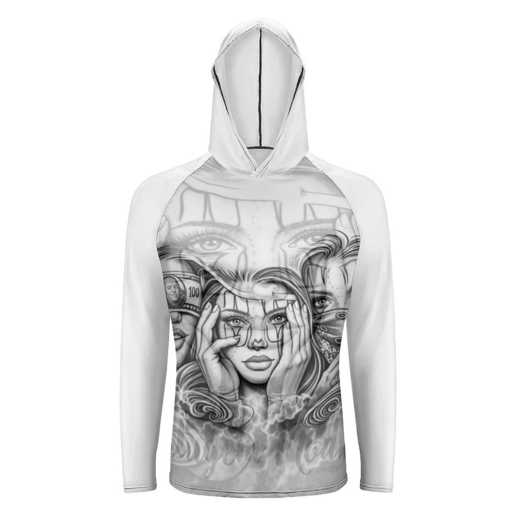 men's polyester spandex hoodie featuring unique graphic design and comfortable fit for everyday wear.