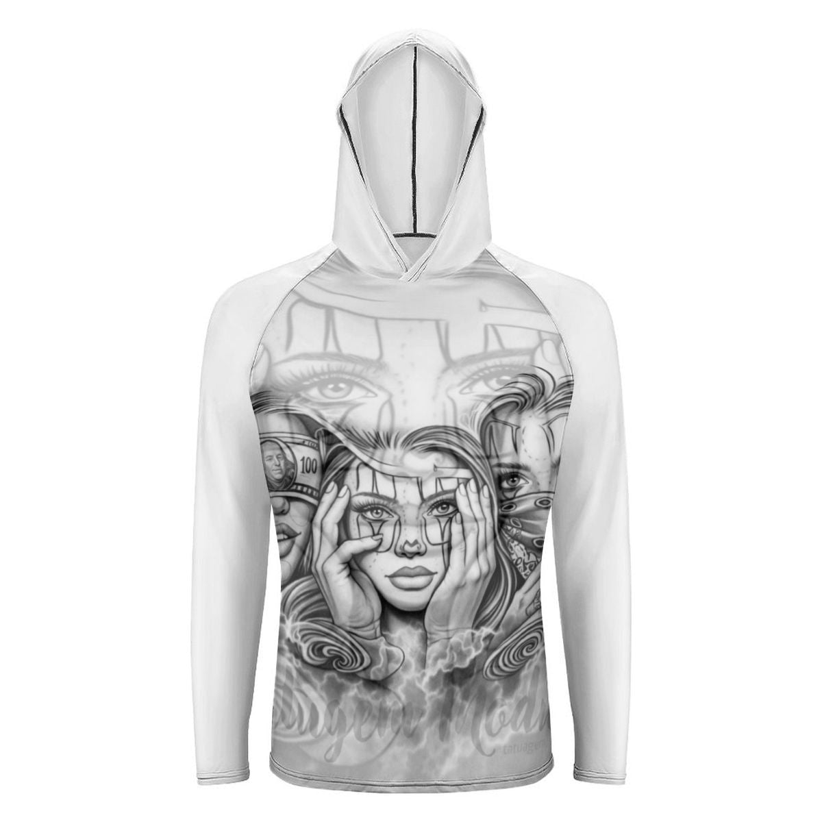 men's polyester spandex hoodie featuring unique graphic design and comfortable fit for everyday wear.