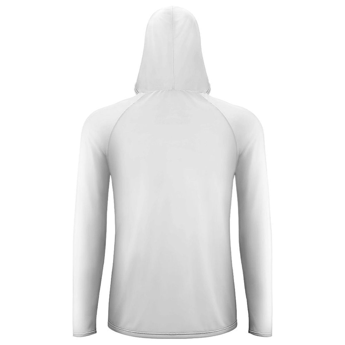 Back view of a men's polyester spandex hoodie in white, designed for comfort and flexibility.