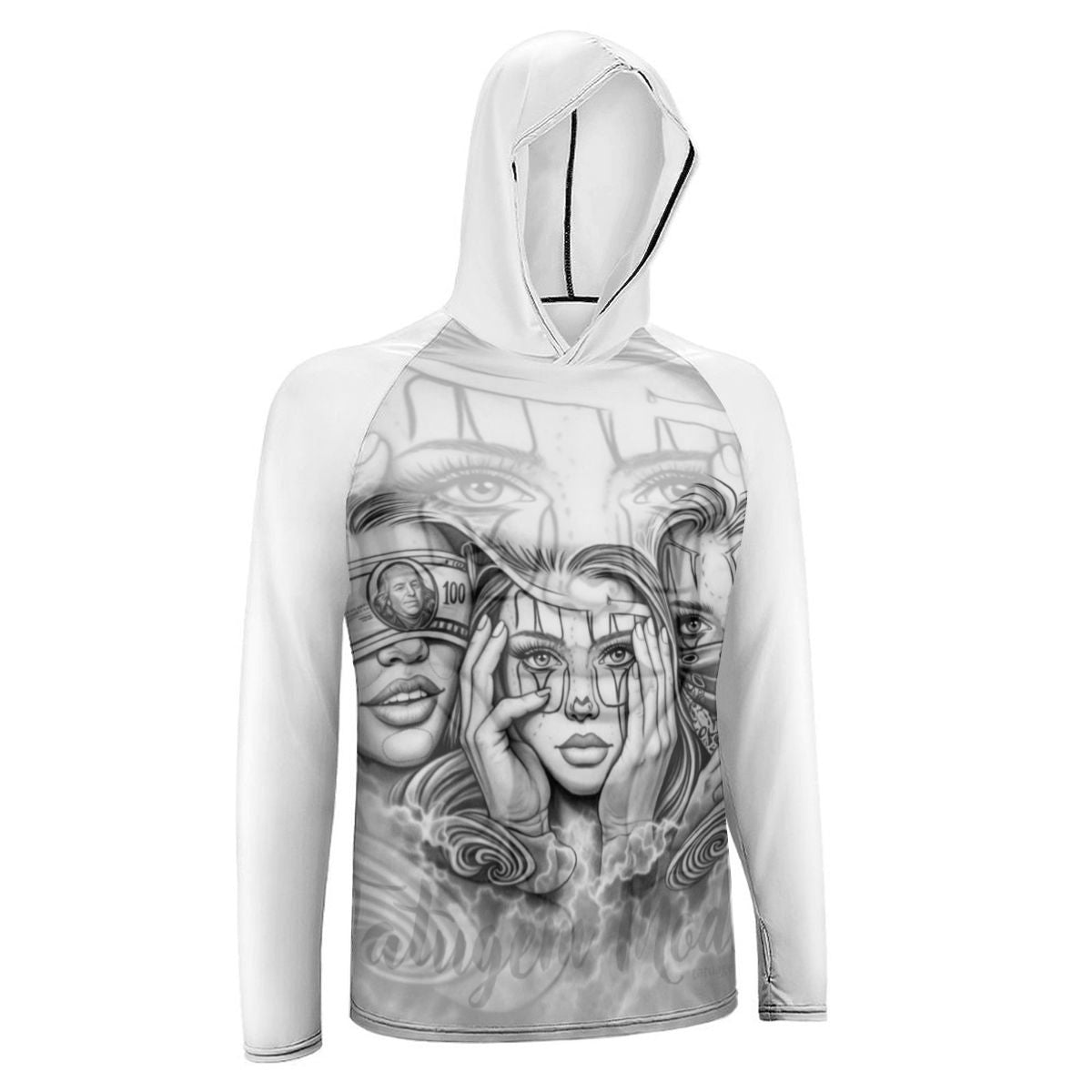 men's polyester spandex hoodie with artistic graphic design for style and comfort.